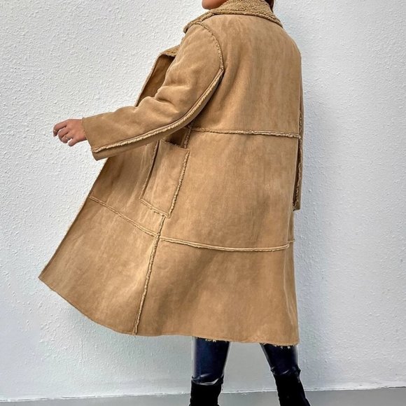 Reg or Plus Size camel Double Breasted Teddy lined faux suede Coat Jacket fall - Picture 8 of 11